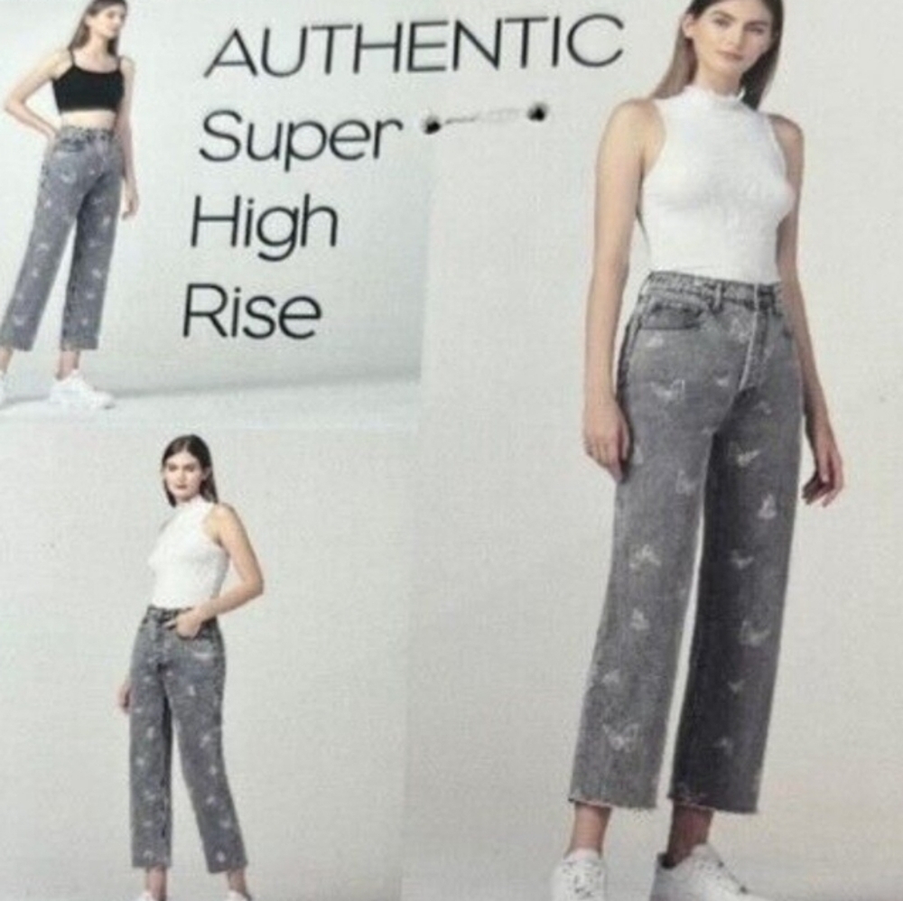 Simple Society Y2K super high rise ‎ grey raw hem butterfly denim Size 3 / 26